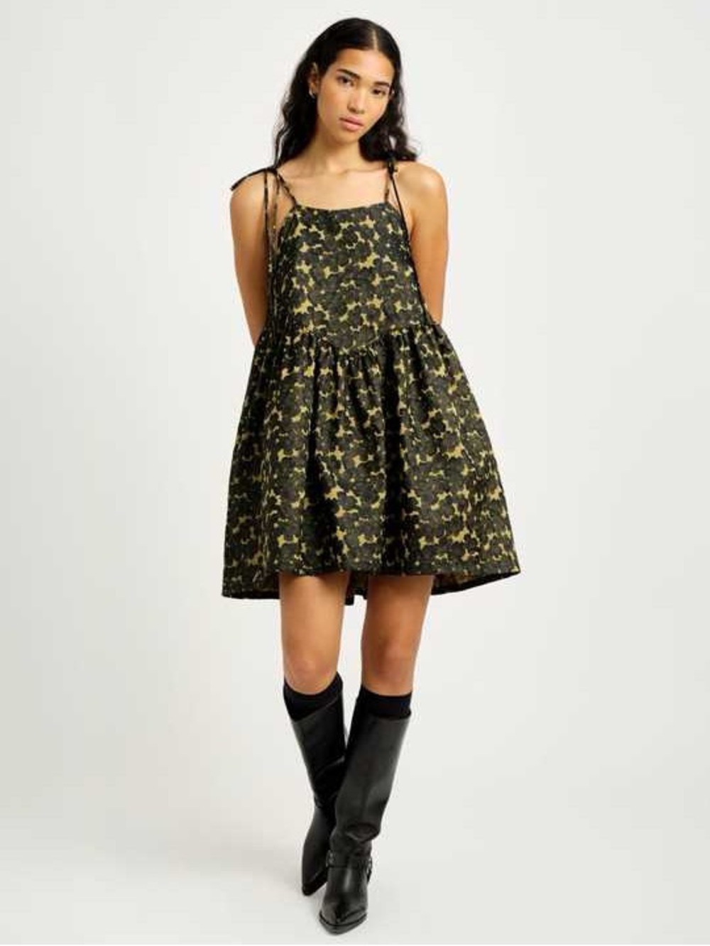 ELIZA FAULKNER amy dress golden jacquard floral babydoll party festive size L